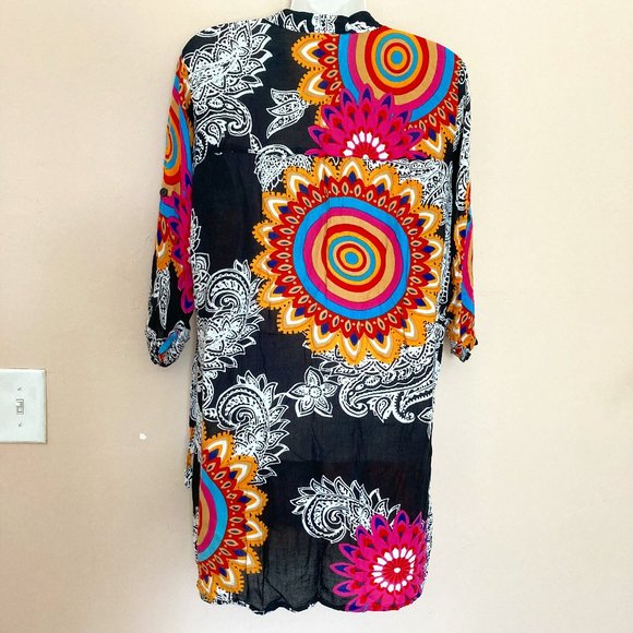 Nita Women's Tunic Dress Top Button Up 3/4 Sleeve Boho Black Multicolored XL/G - Picture 2 of 9